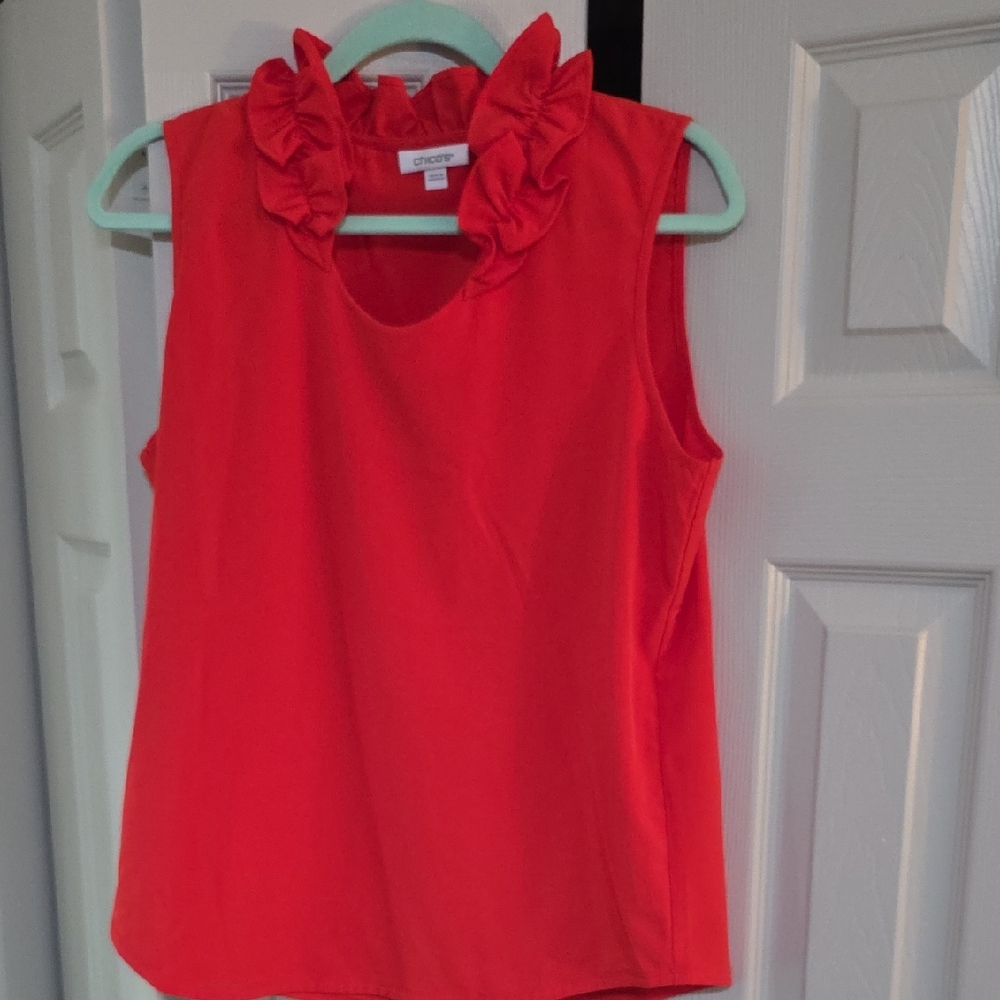 Chico's Vibrant Red Ruffle Neck Blouse